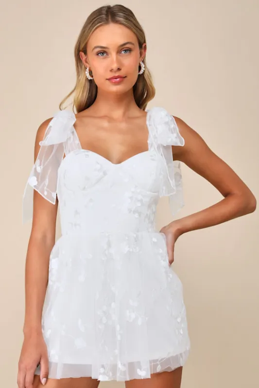 Precious Whimsy White Mesh Embroidered Tie-Strap Skort Romper sold by Lulus