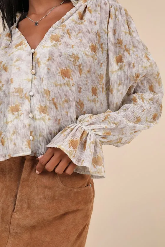 Keep Things Classy Taupe Abstract Button-Up Long Sleeve Top sold by Lulus product image thumbnail 4