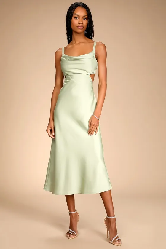 Stun to Remember Sage Green Satin Cowl Neck Cutout Midi Dress sold by Lulus