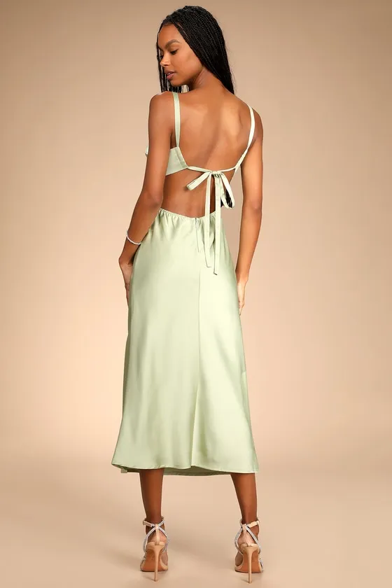 Stun to Remember Sage Green Satin Cowl Neck Cutout Midi Dress sold by Lulus product image thumbnail 2