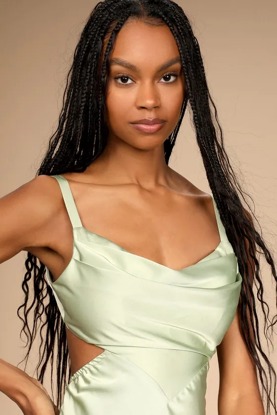 Stun to Remember Sage Green Satin Cowl Neck Cutout Midi Dress sold by Lulus product image thumbnail 3