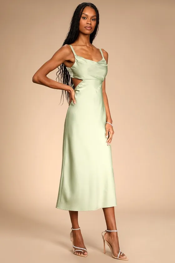 Stun to Remember Sage Green Satin Cowl Neck Cutout Midi Dress sold by Lulus product image thumbnail 4