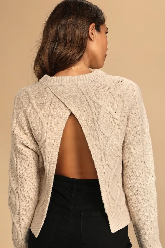 Back To Cozy Beige Cable Knit Backless Sweater sold by Lulus product image thumbnail 4