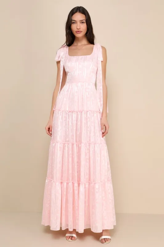 Picturesque Allure Blush Pink Jacquard Tie-Strap Maxi Dress sold by Lulus
