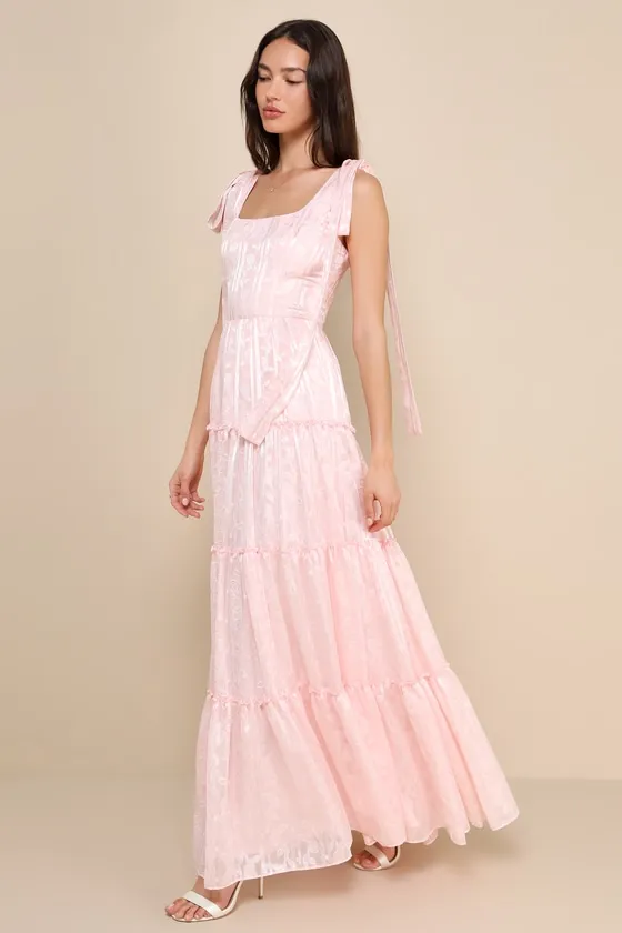 Picturesque Allure Blush Pink Jacquard Tie-Strap Maxi Dress sold by Lulus product image thumbnail 3