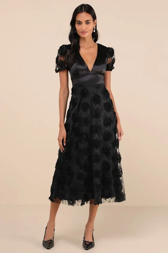 Gorgeous Elevation Black Lace Rosette Puff Sleeve Midi Dress sold by Lulus