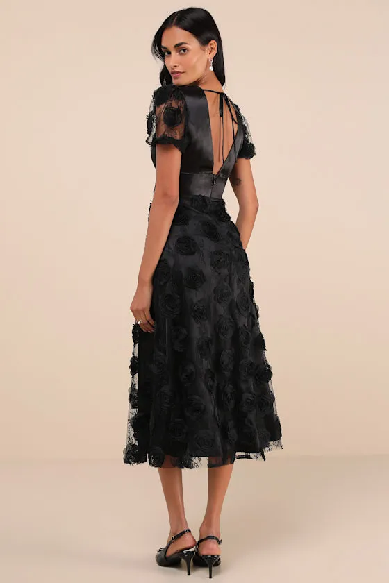 Gorgeous Elevation Black Lace Rosette Puff Sleeve Midi Dress sold by Lulus product image thumbnail 2