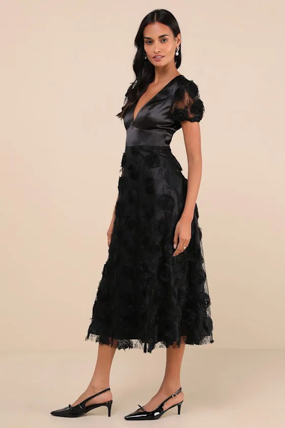 Gorgeous Elevation Black Lace Rosette Puff Sleeve Midi Dress sold by Lulus product image thumbnail 4