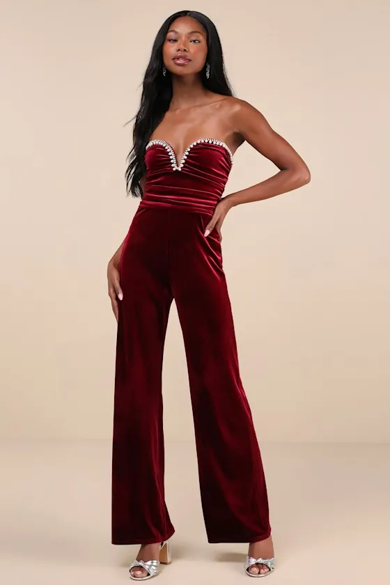Fabulous Instinct Burgundy Velvet Pearl Strapless Jumpsuit sold by Lulus