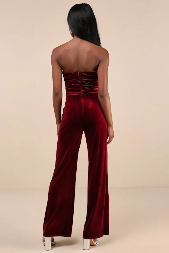 Fabulous Instinct Burgundy Velvet Pearl Strapless Jumpsuit sold by Lulus product image thumbnail 2