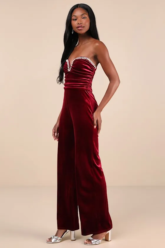 Fabulous Instinct Burgundy Velvet Pearl Strapless Jumpsuit sold by Lulus product image thumbnail 3