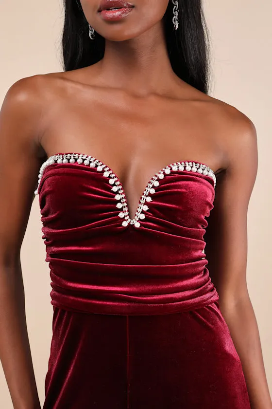 Fabulous Instinct Burgundy Velvet Pearl Strapless Jumpsuit sold by Lulus product image thumbnail 4