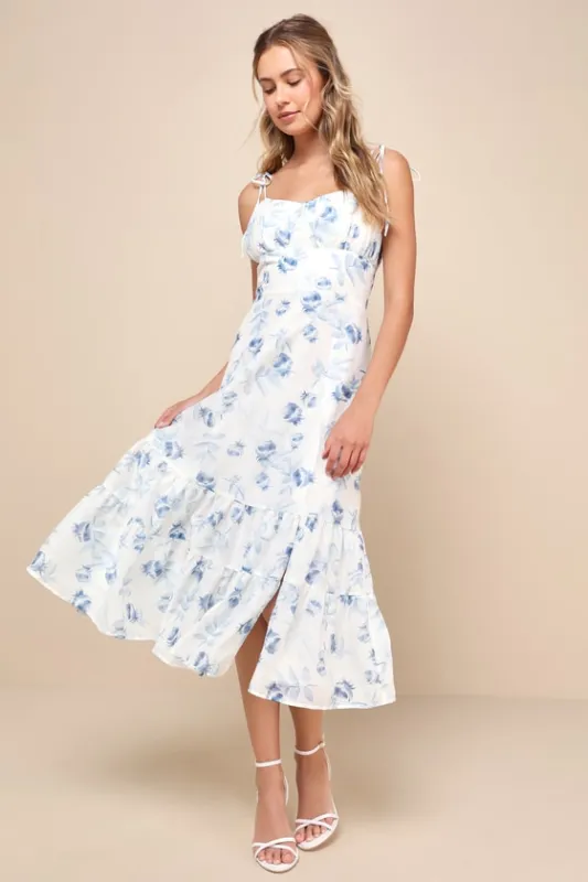 Airy Romance Ivory Floral Print Tiered Tie-Strap Midi Dress sold by Lulus