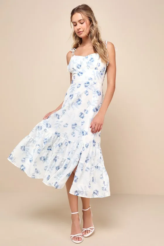 Airy Romance Ivory Floral Print Tiered Tie-Strap Midi Dress sold by Lulus