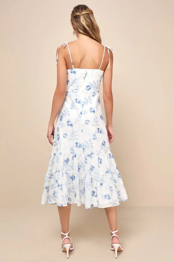 Airy Romance Ivory Floral Print Tiered Tie-Strap Midi Dress sold by Lulus product image thumbnail 2