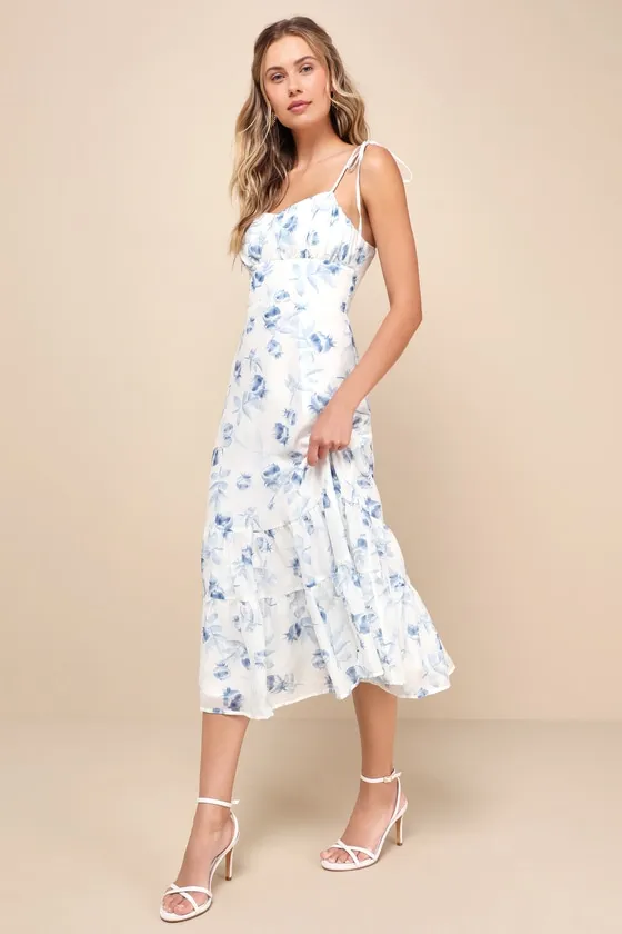 Airy Romance Ivory Floral Print Tiered Tie-Strap Midi Dress sold by Lulus product image thumbnail 4