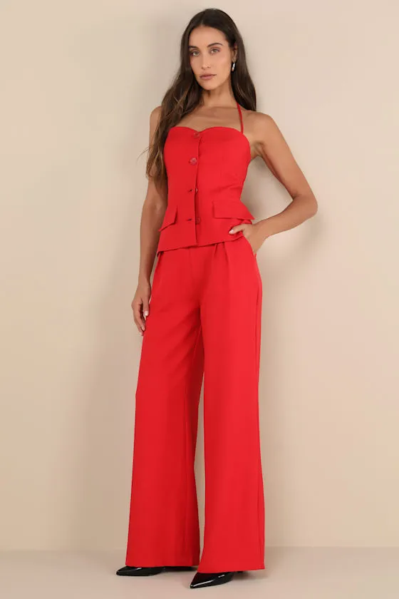 Anastasia Red Wide-Leg High-Rise Trouser Pants sold by Lulus