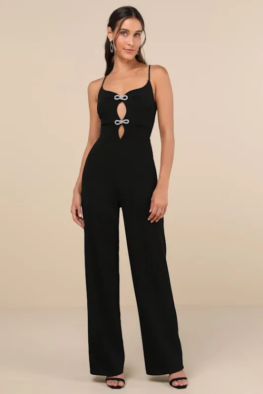 Gorgeous Favorite Black Cutout Rhinestone Bow Jumpsuit sold by Lulus