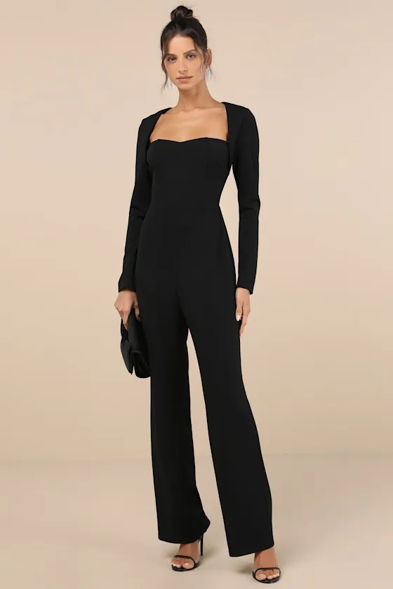 Luxe Chicness Black Long Sleeve Straight Leg Jumpsuit sold by Lulus