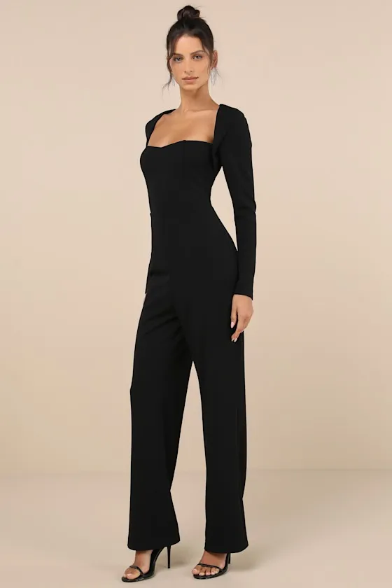 Luxe Chicness Black Long Sleeve Straight Leg Jumpsuit sold by Lulus product image thumbnail 4