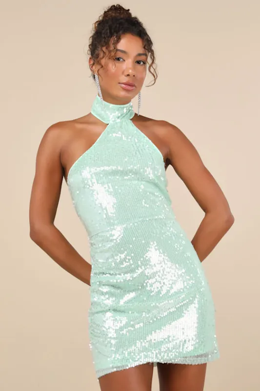 Sensational Purpose Mint Sequin Halter Tulip Mini Dress sold by Lulus