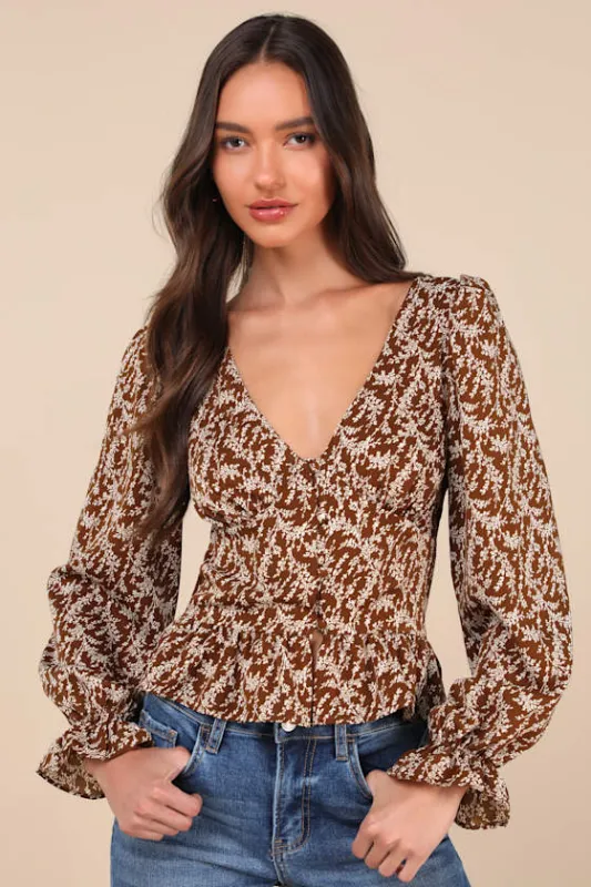 Autumn Blossom Brown Floral Button-Front Long Sleeve Top sold by Lulus