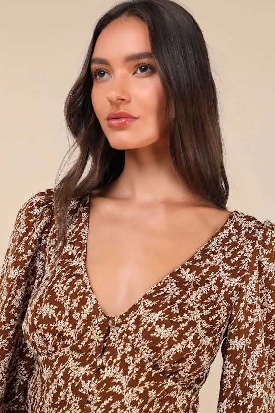 Autumn Blossom Brown Floral Button-Front Long Sleeve Top sold by Lulus product image thumbnail 4