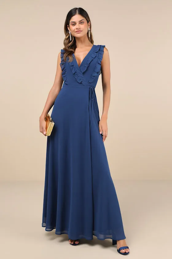 Major Elegance Blue Sleeveless Ruffled Wrap Maxi Dress sold by Lulus