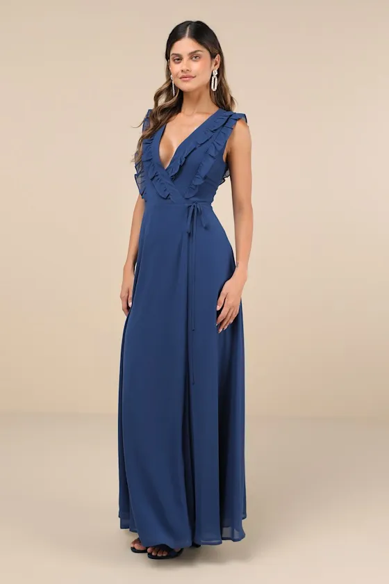 Major Elegance Blue Sleeveless Ruffled Wrap Maxi Dress sold by Lulus product image thumbnail 4