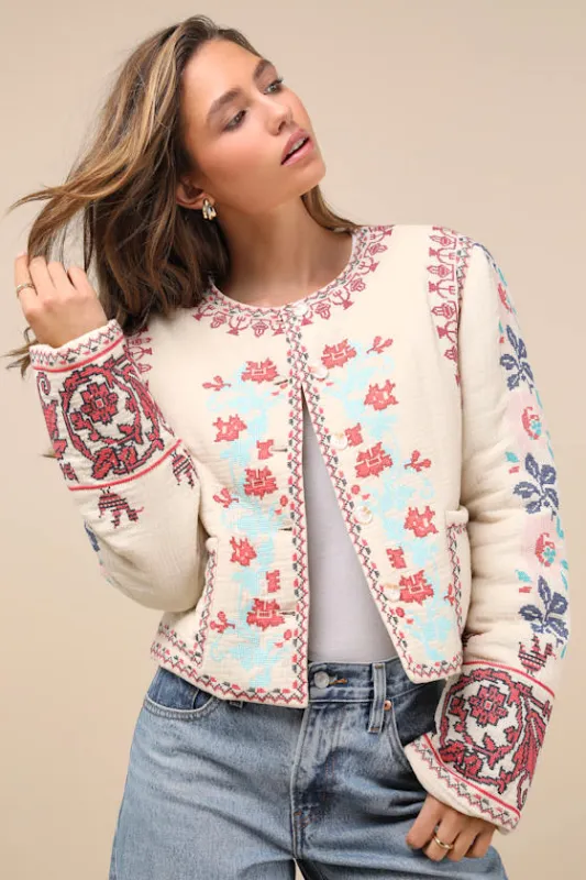 Detailed Sweetie Beige Embroidered Collarless Jacket sold by Lulus