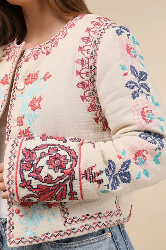 Detailed Sweetie Beige Embroidered Collarless Jacket sold by Lulus product image thumbnail 2