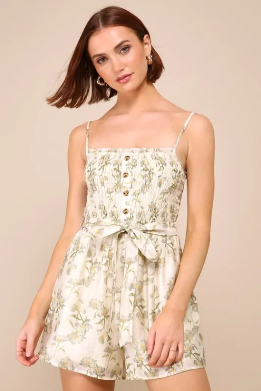 Playful Darling Cream Floral Smocked Button-Front Romper sold by Lulus