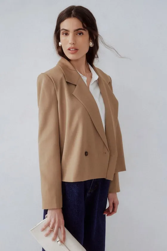 Suave Presence Tan Cropped Blazer sold by Lulus