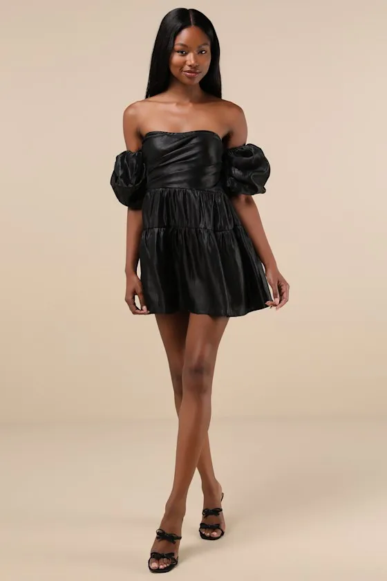 Impressively Delightful Black Tiered Off-the-Shoulder Mini Dress sold by Lulus product image thumbnail 3