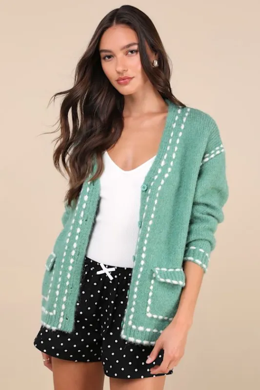 Cuddly Effect Green Contrast Stitched Cardigan Sweater sold by Lulus