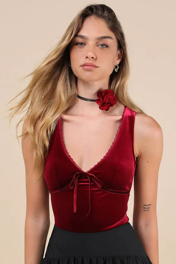Dreamy Chicness Berry Red Velvet Sleeveless Bodysuit sold by Lulus