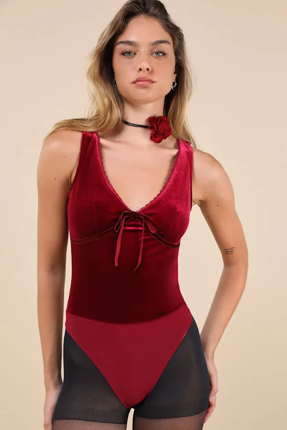 Dreamy Chicness Berry Red Velvet Sleeveless Bodysuit sold by Lulus product image thumbnail 4