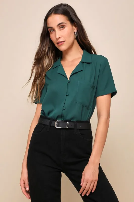 Good Luck Charm Dark Green Short Sleeve Button-Up Top sold by Lulus