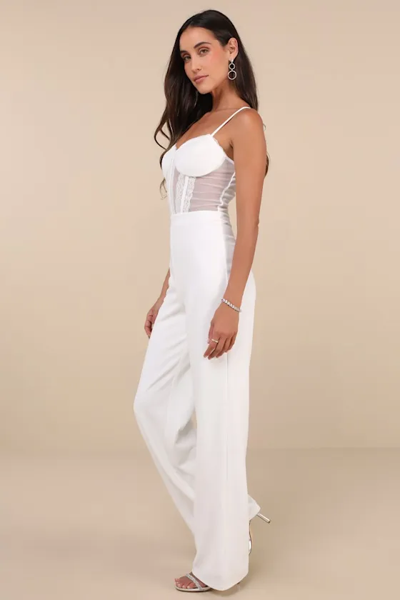 Perfectly Sultry White Sheer Mesh Bustier Wide-Leg Jumpsuit sold by Lulus product image thumbnail 3