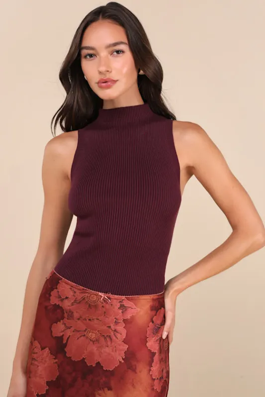 Seasonal Sophistication Plum Ribbed Mock Neck Sweater Tank Top sold by Lulus