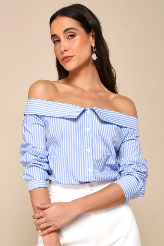 Posh Poise Blue Striped Cotton Off-the-Shoulder Button-Up Top sold by Lulus