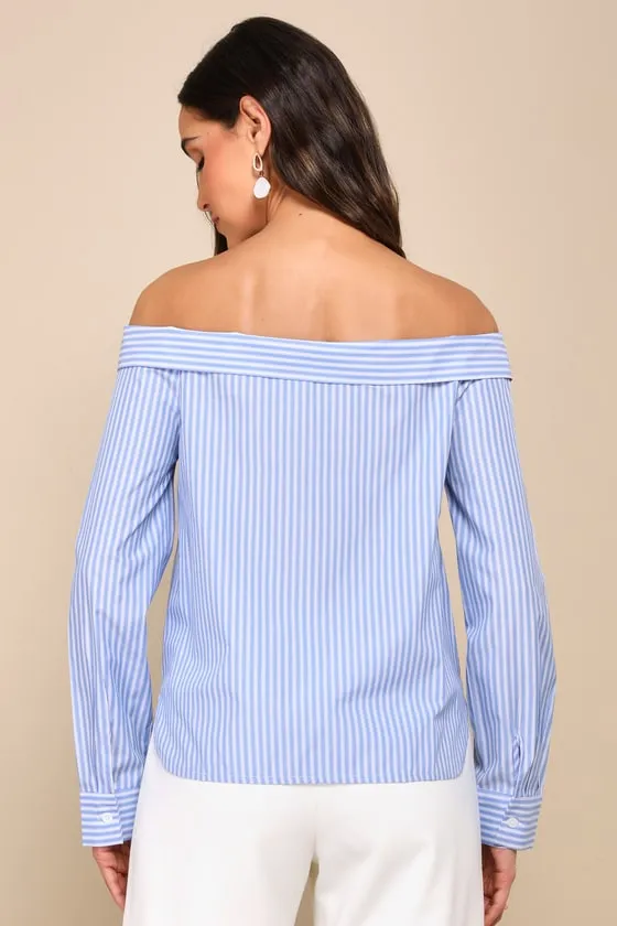 Posh Poise Blue Striped Cotton Off-the-Shoulder Button-Up Top sold by Lulus product image thumbnail 2