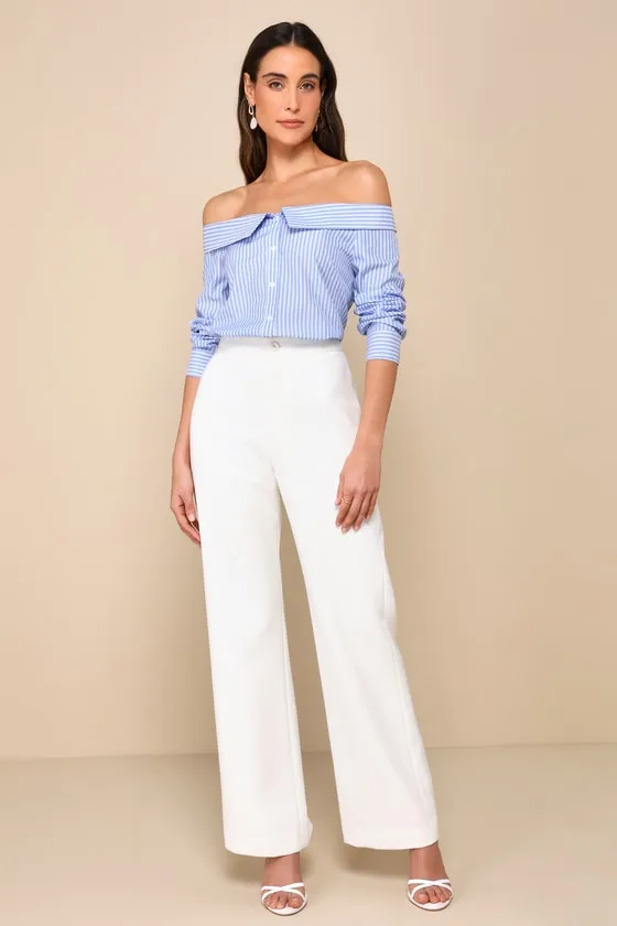 Posh Poise Blue Striped Cotton Off-the-Shoulder Button-Up Top sold by Lulus product image thumbnail 3