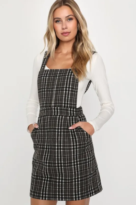 Plaid to Be Yours Black and White Plaid Pinafore Mini Dress sold by Lulus