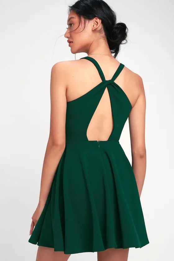 Wonder Whirl Dark Green Twist Back Skater Dress sold by Lulus product image thumbnail 2