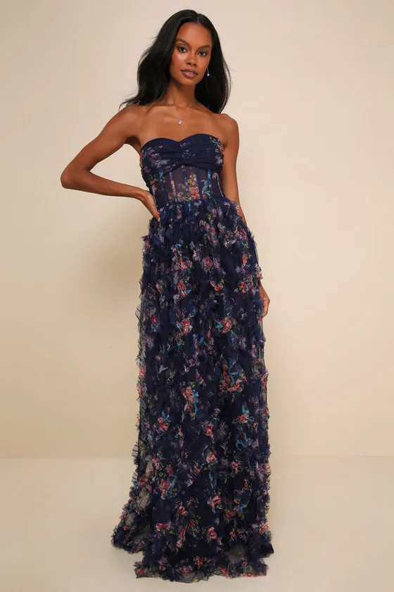 Stunning Element Navy Floral Mesh Ruffled Strapless Maxi Dress sold by Lulus