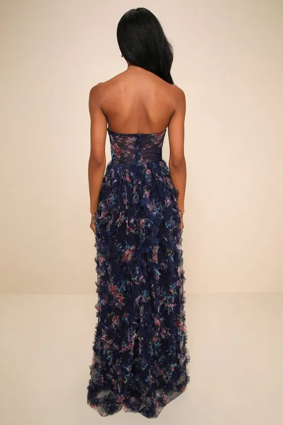 Stunning Element Navy Floral Mesh Ruffled Strapless Maxi Dress sold by Lulus product image thumbnail 2
