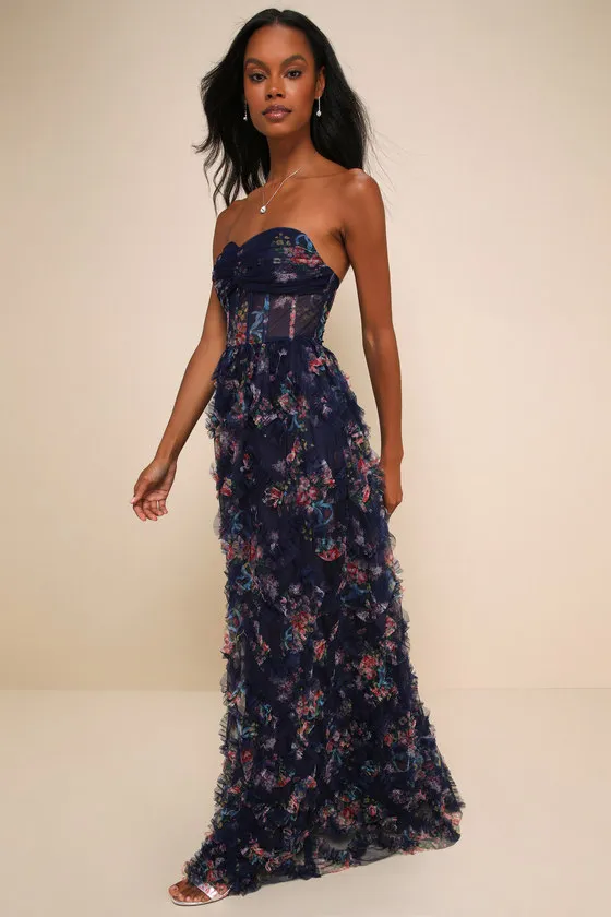 Stunning Element Navy Floral Mesh Ruffled Strapless Maxi Dress sold by Lulus product image thumbnail 3