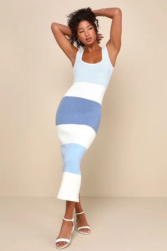 Easily Gorgeous Ivory and Light Blue Striped Midi Sweater Dress sold by Lulus