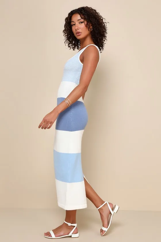 Easily Gorgeous Ivory and Light Blue Striped Midi Sweater Dress sold by Lulus product image thumbnail 2
